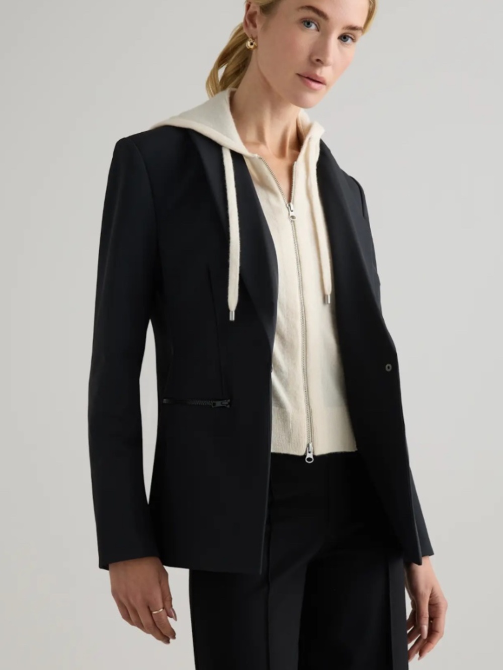 Quince Minimalist Chic Scuba Single-Breasted Convertible Blazer Med Black NWOT